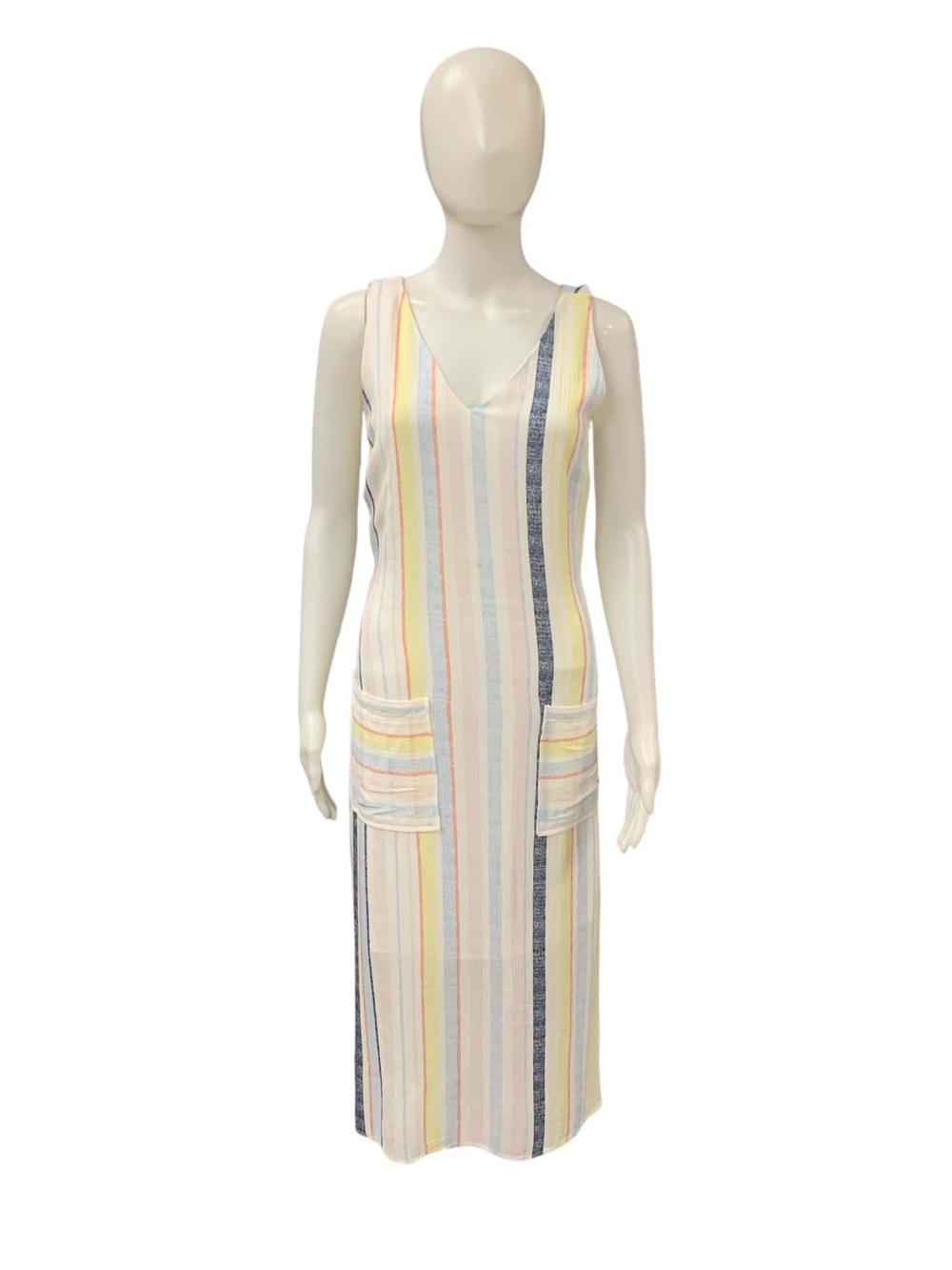 Tribal V-Neck Striped Maxi Dress in Cream, Yellow, Pink, Blue, Gray Size XS